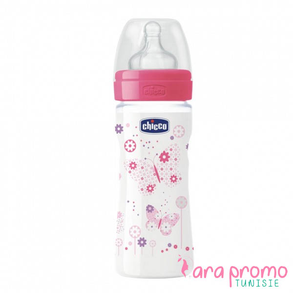 Chicco Biberon Well-Being- 250ml - Tétine silicone - Rose - 2M+